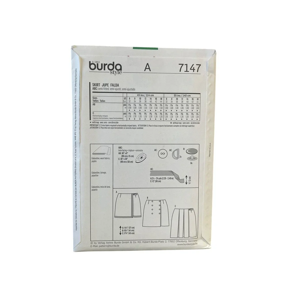 Burda‎ 7147 Skirt Sewing Pattern Sizes 6-18 Semi-Fitted Modern